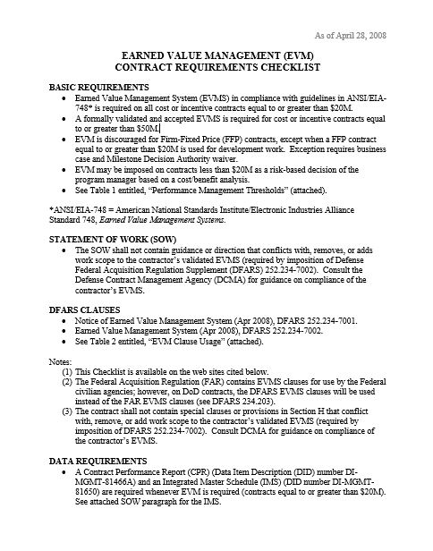 Earned Value Management EVM Contract Requirements Checklist SE Goldmine